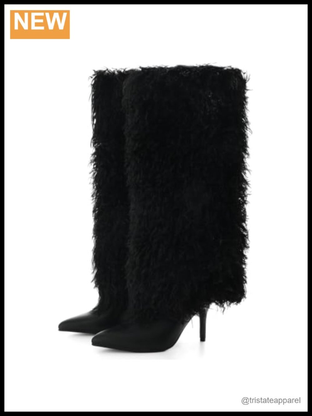 Fuzzy Knee High Fold Over Boots Pointed Toe Stiletto Heel Faux Fur Winter